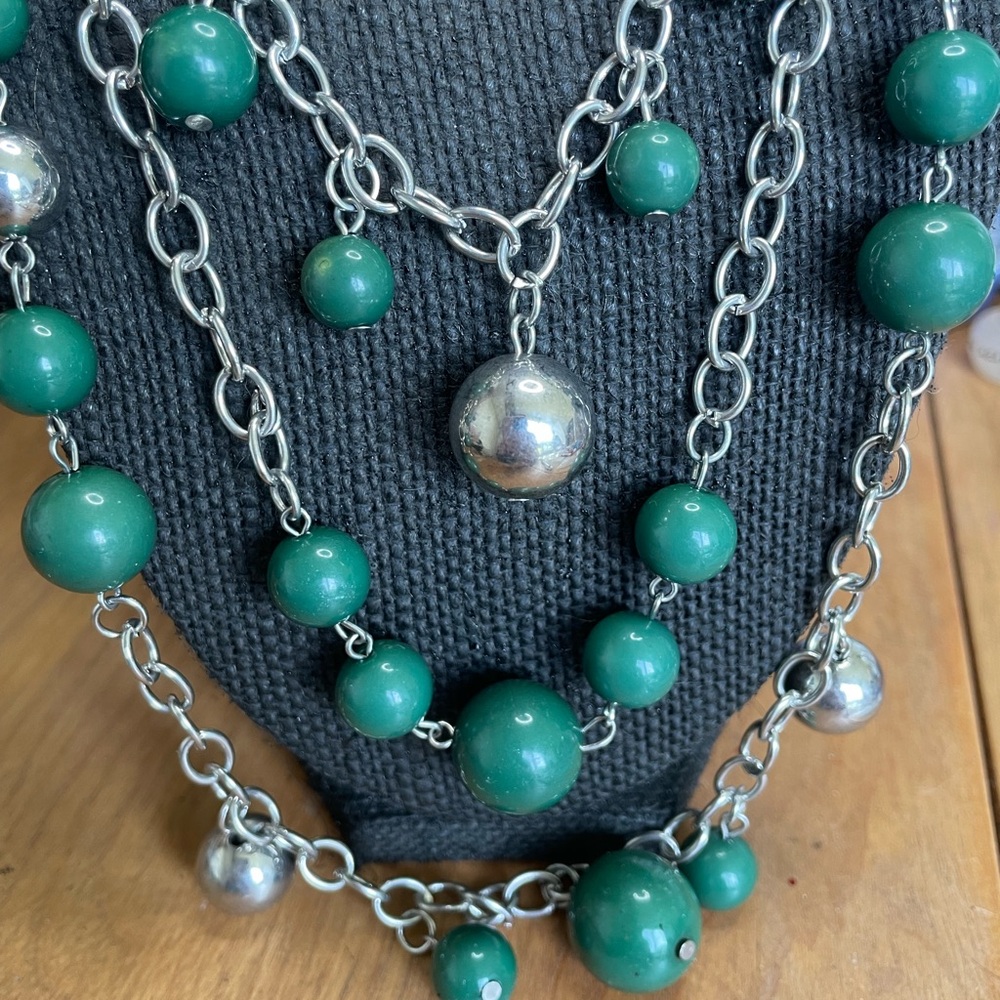 Vintage Green and Silver Adjustable Necklace with Beads